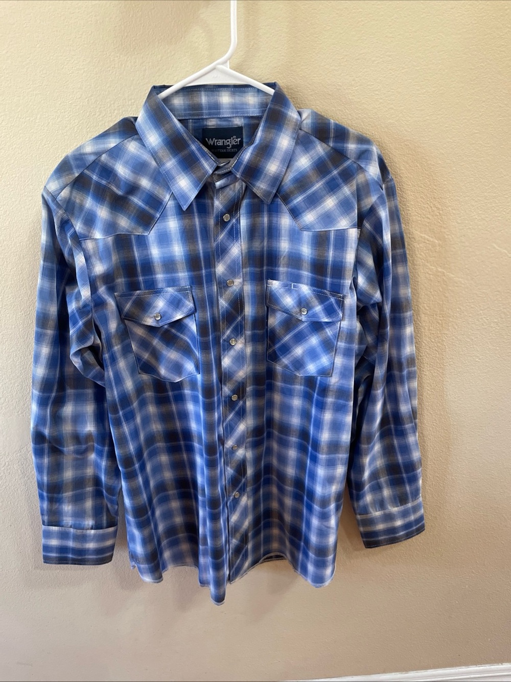 Wrangler Pearl Snap Western Shirt Men's Large Long Sleeve Blue Plaid Cowboy